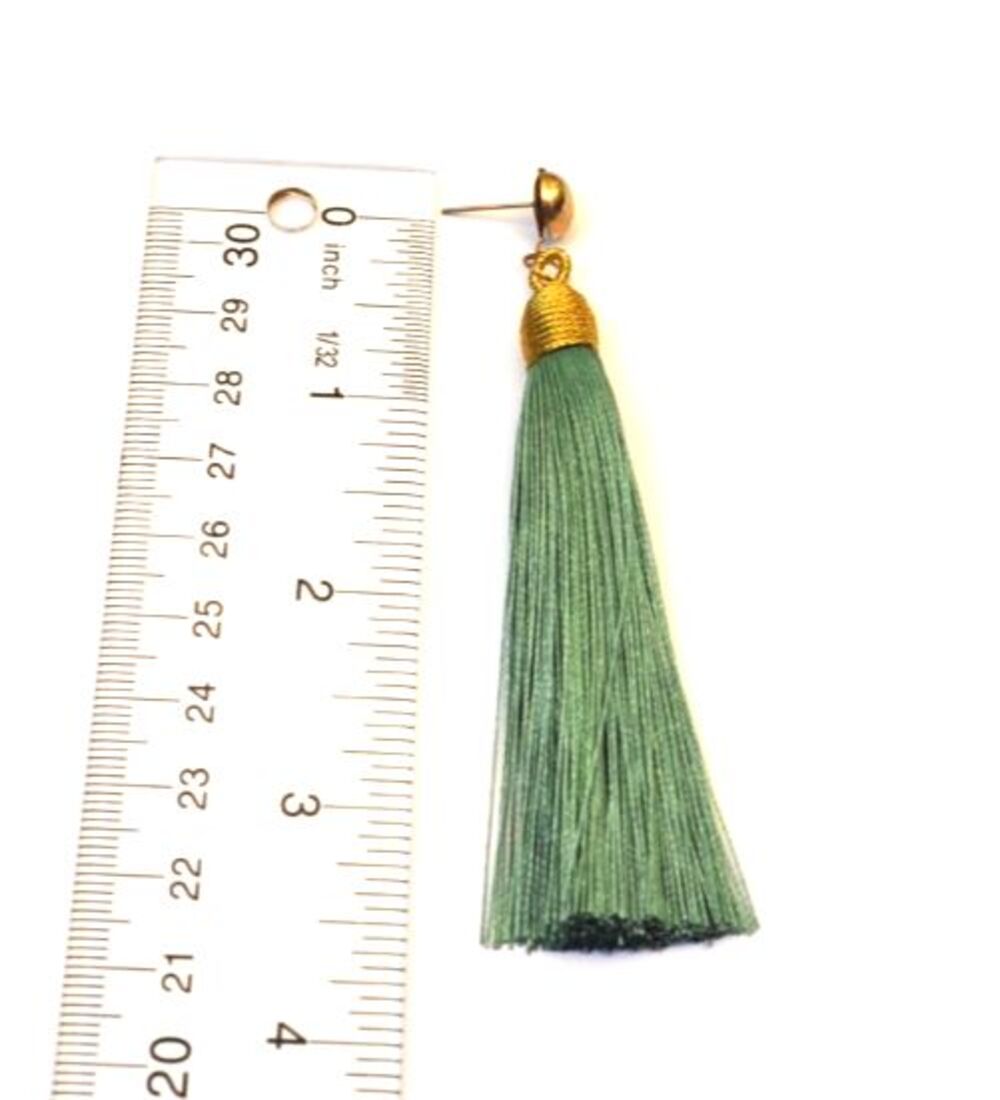 Gold tone post Boho / Gypsy earrings with teal tassel fringe - Picture 6 of 6